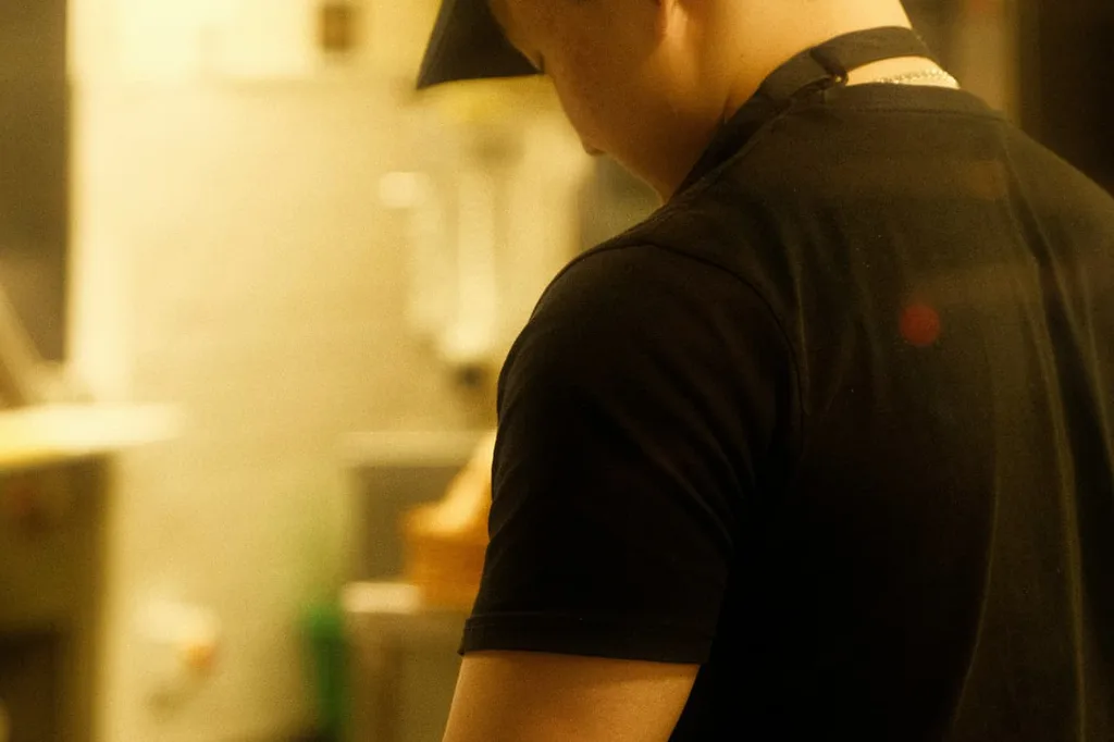 Cozinheiro de boné e avental preto a preparar mise en place numa cozinha de restaurante