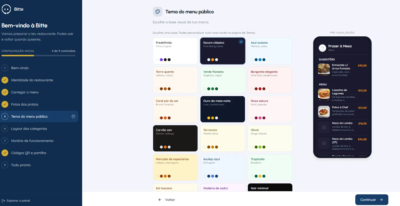 Guia de configuração inicial da Bitte, com os passos de identidade do restaurante, carregar menu, fotos dos pratos, tema do menu público e códigos QR