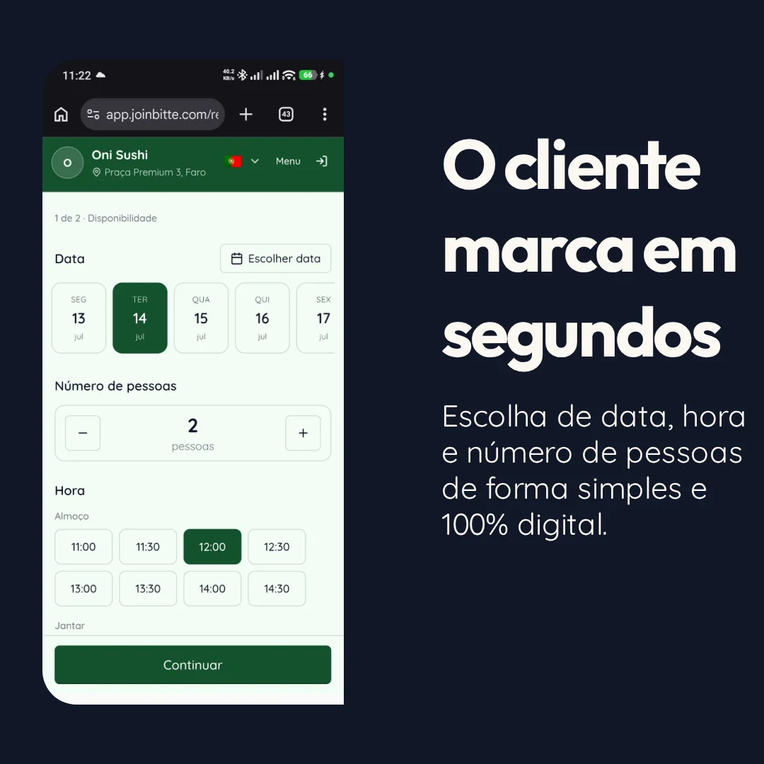 Cliente escolhe data, hora e número de pessoas em segundos