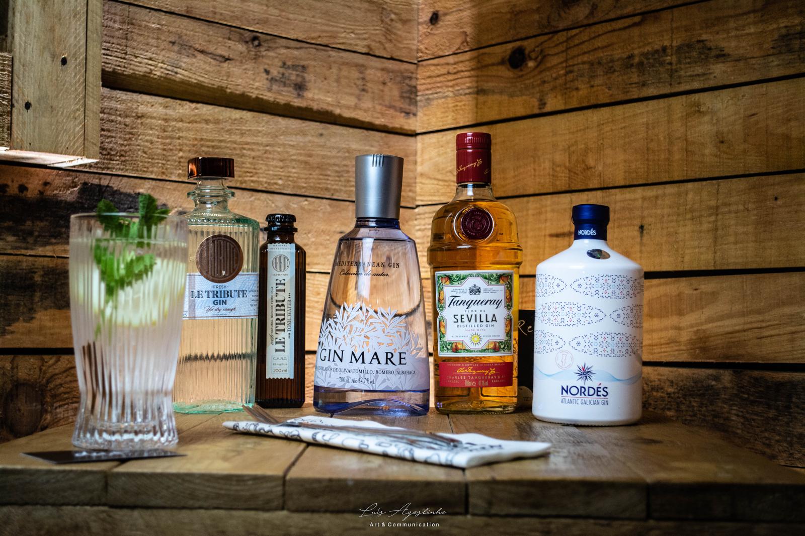 Selecção de gins Le Tribute, Gin Mare, Tanqueray Sevilla e Nordés no bar do Dux