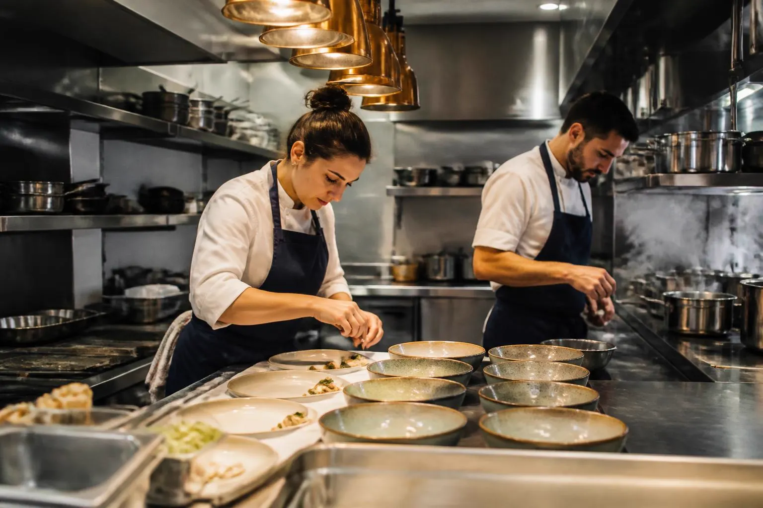 Equipa de cozinha profissional em mise en place antes do serviço num restaurante