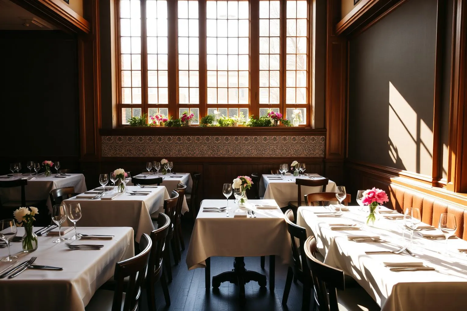 Sala de jantar de restaurante português pronta para abrir
