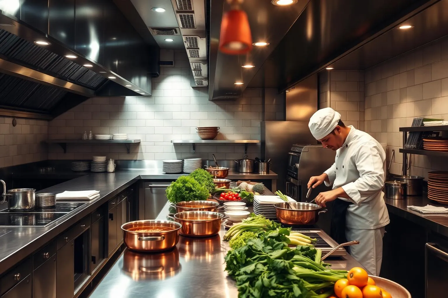 Cozinha profissional de restaurante com chef em preparação