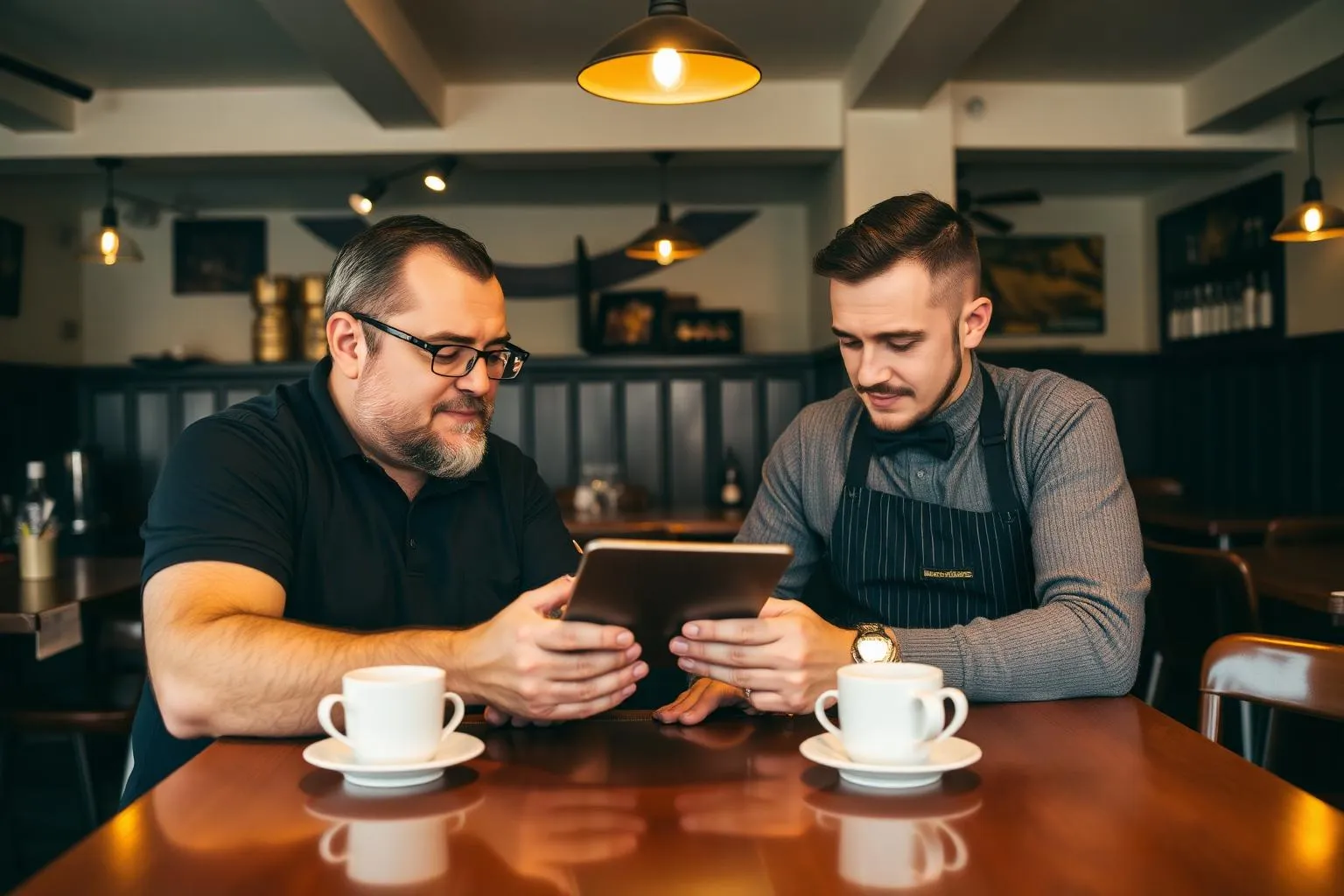 Dono e empregado a comparar opções de software num tablet