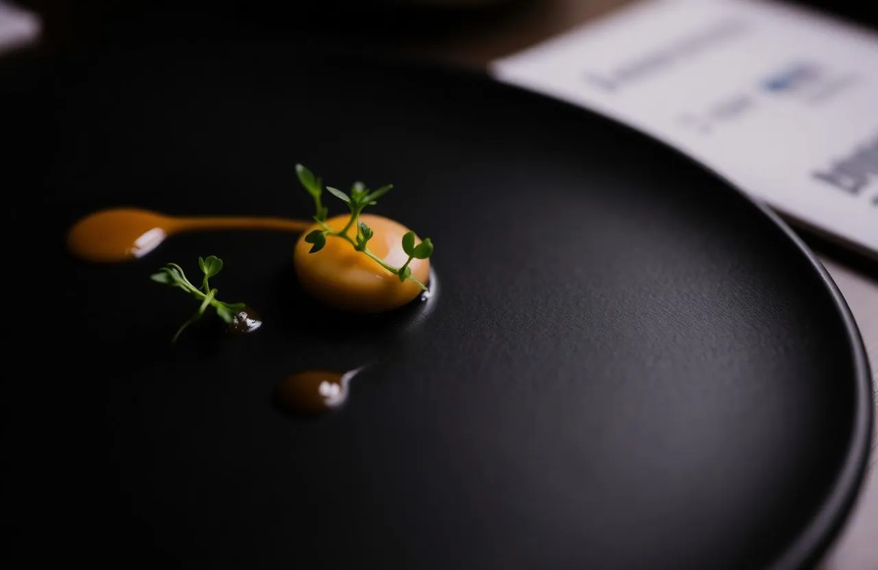 Prato minimalista de fine dining com molho e microvegetais sobre cerâmica escura