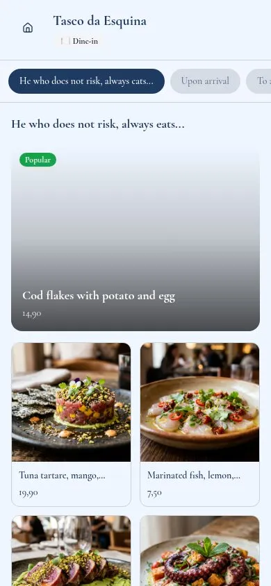 Exemplo de ementa digital do Tasco da Esquina — petiscos portugueses