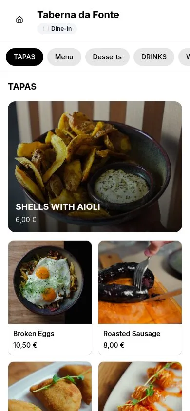 Exemplo de ementa digital da Taberna da Fonte — tapas e vinhos