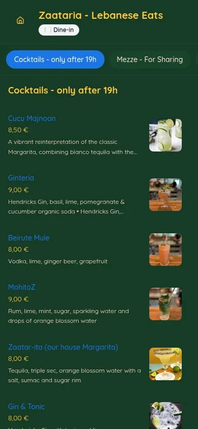Exemplo de ementa digital da Zaataria — cozinha libanesa e cocktails