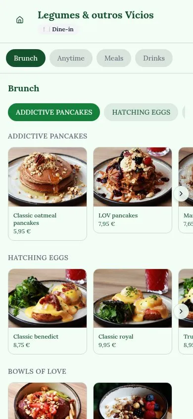 Exemplo de ementa digital de Legumes & outros Vícios — brunch e pequenos-almoços