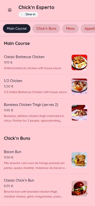 Exemplo de ementa digital do Chick'n Esperto — frango grelhado e burgers