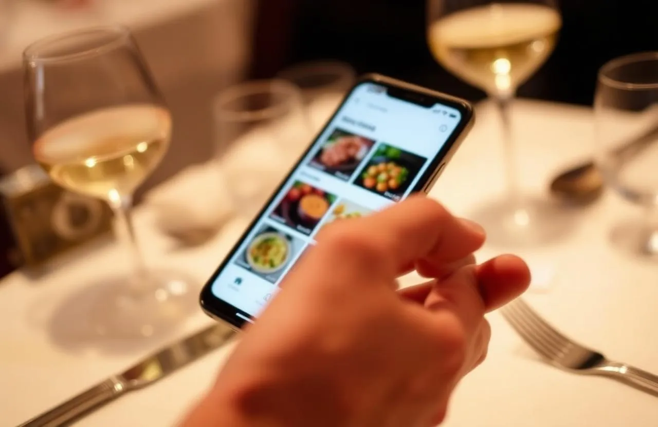 Cliente a consultar o menu digital no telemóvel à mesa do restaurante