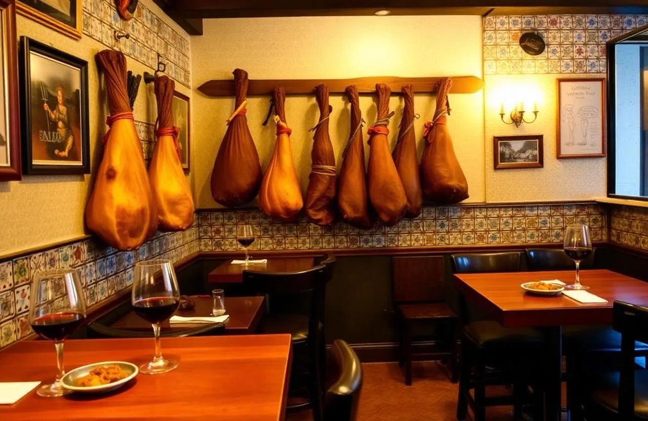 Ambiente de tasca portuguesa com azulejos, presuntos e copos de vinho tinto