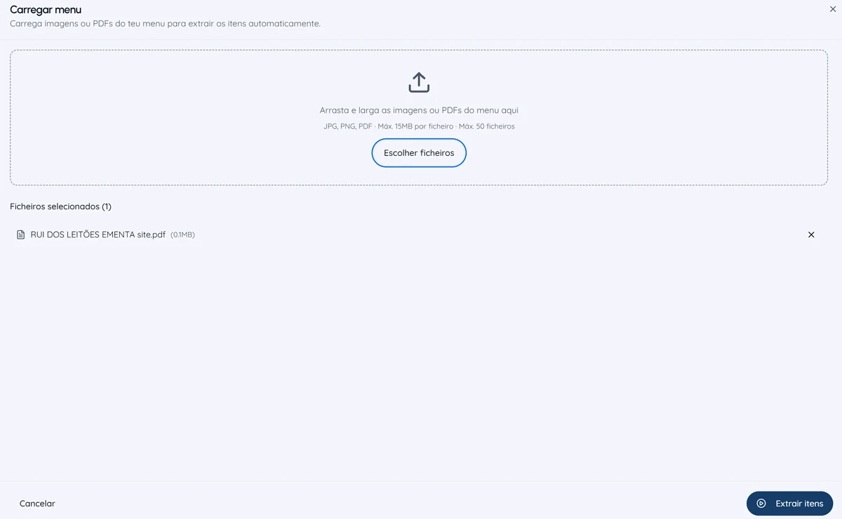 Ecrã de carregamento de menu da Bitte com o PDF da ementa do Rui dos Leitões selecionado