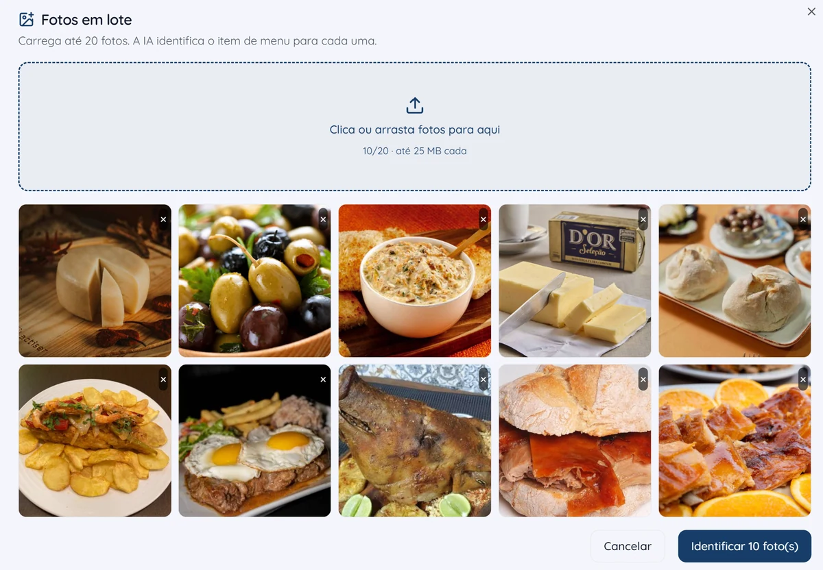 Ecrã de revisão da Bitte, com cada fotografia associada pela IA a um item do menu e um seletor para corrigir