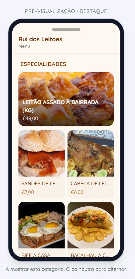 Pré-visualização do layout destaque: prato principal em imagem grande e os restantes em grelha de dois