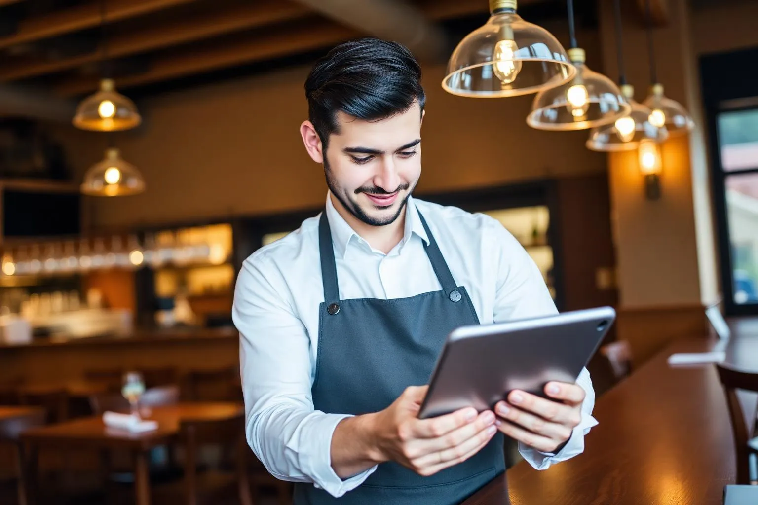 Empregado de mesa a registar um pedido num tablet POS
