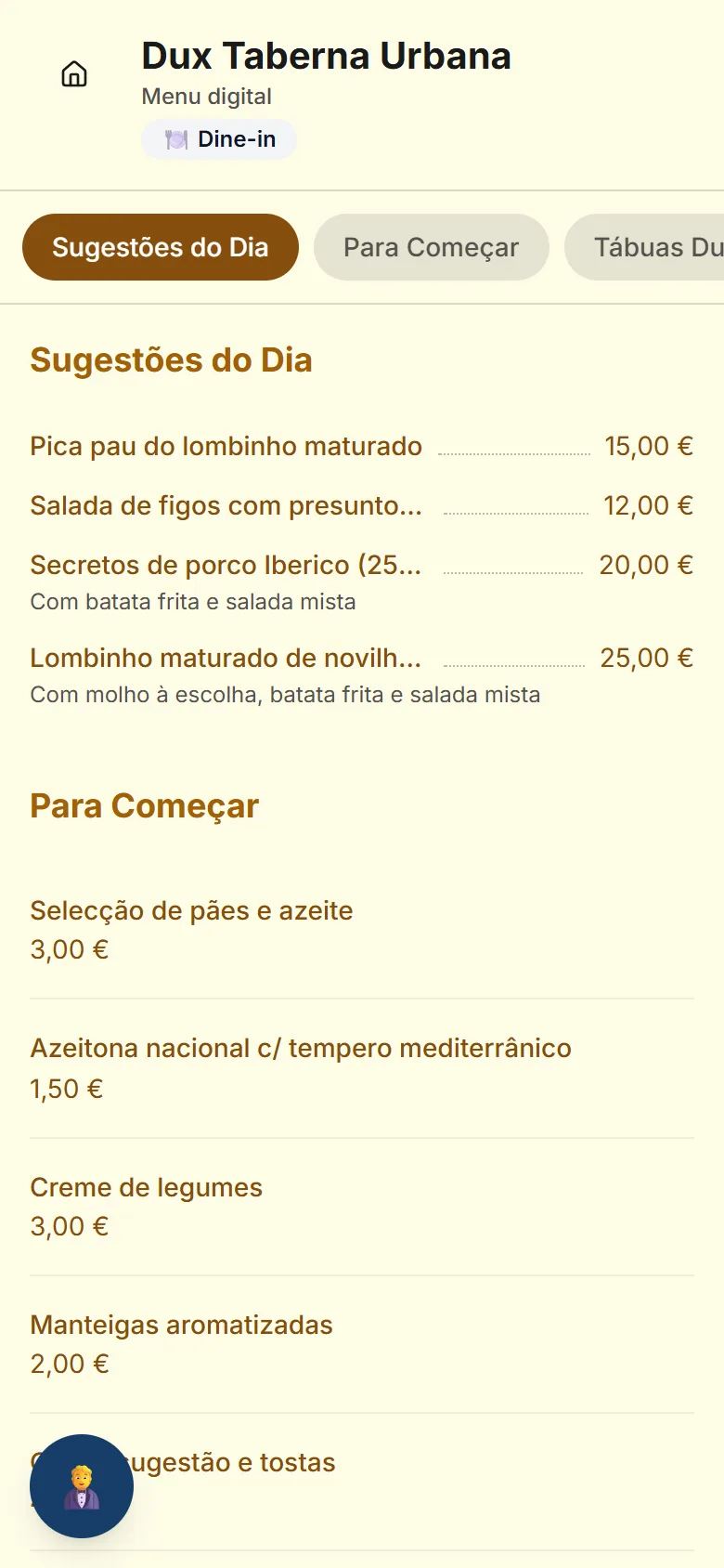 Menu digital do Dux Taberna Urbana no telemóvel
