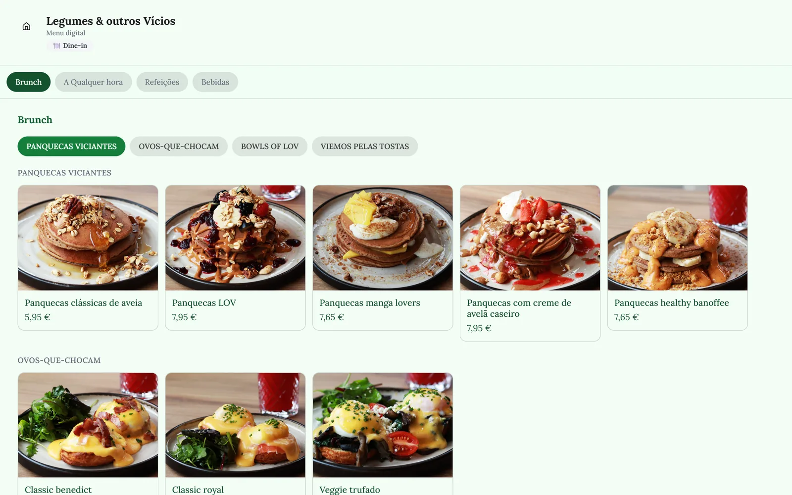 Menu digital do Legumes e outros Vícios em computador, com grelha de fotografias de brunch e preços
