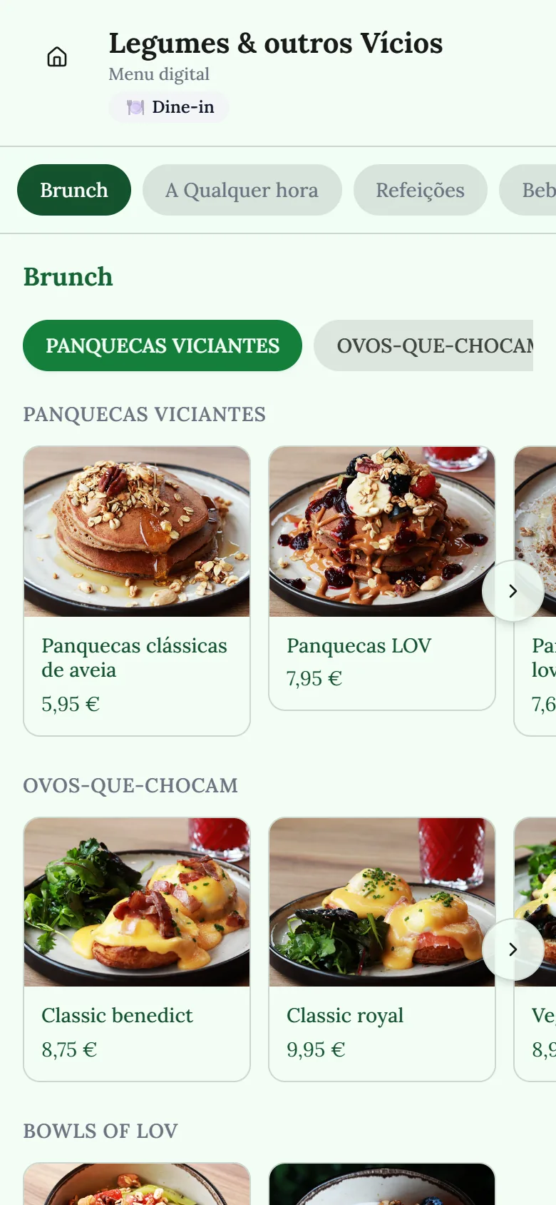 Menu digital do Legumes & outros Vícios no telemóvel