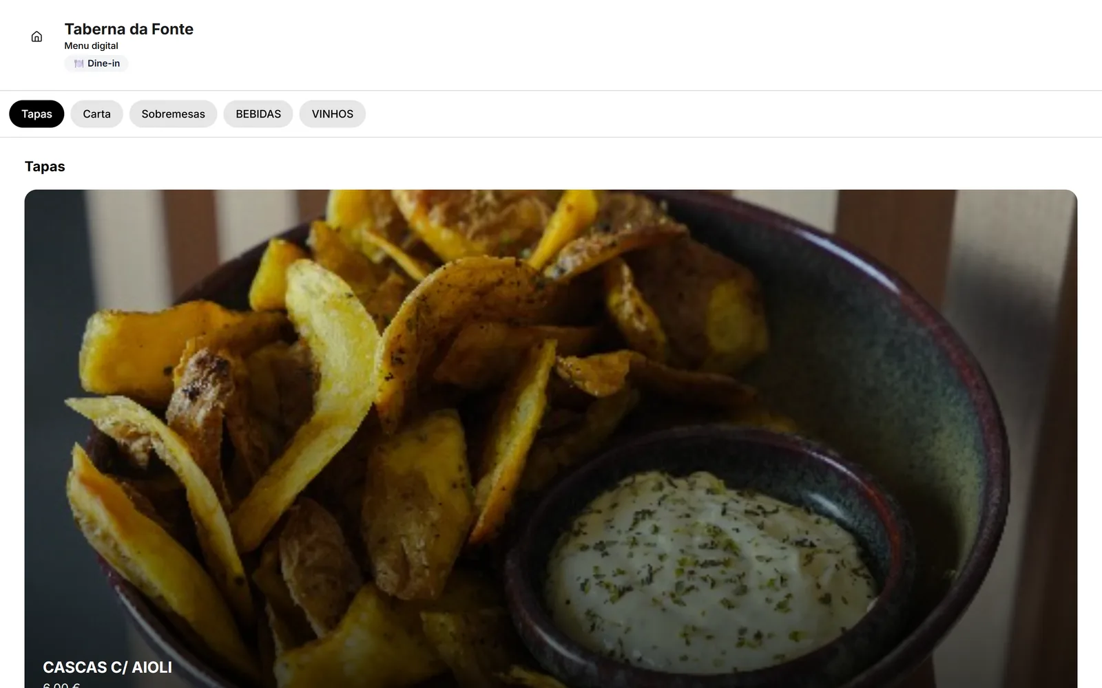 Menu digital da Taberna da Fonte em computador, com uma fotografia de largura total por prato