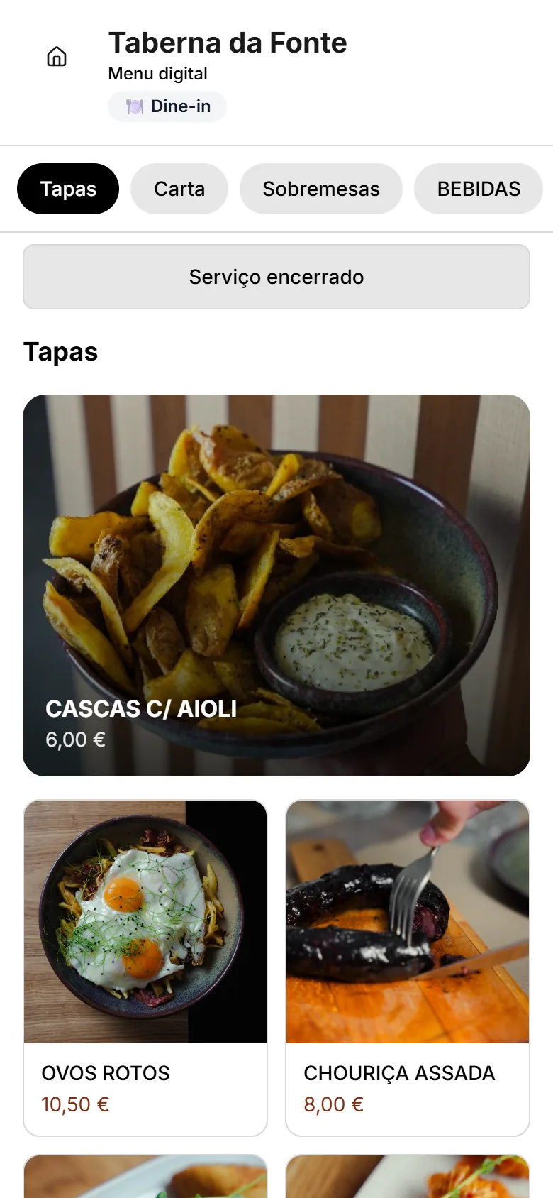 Menu digital da Taberna da Fonte no telemóvel