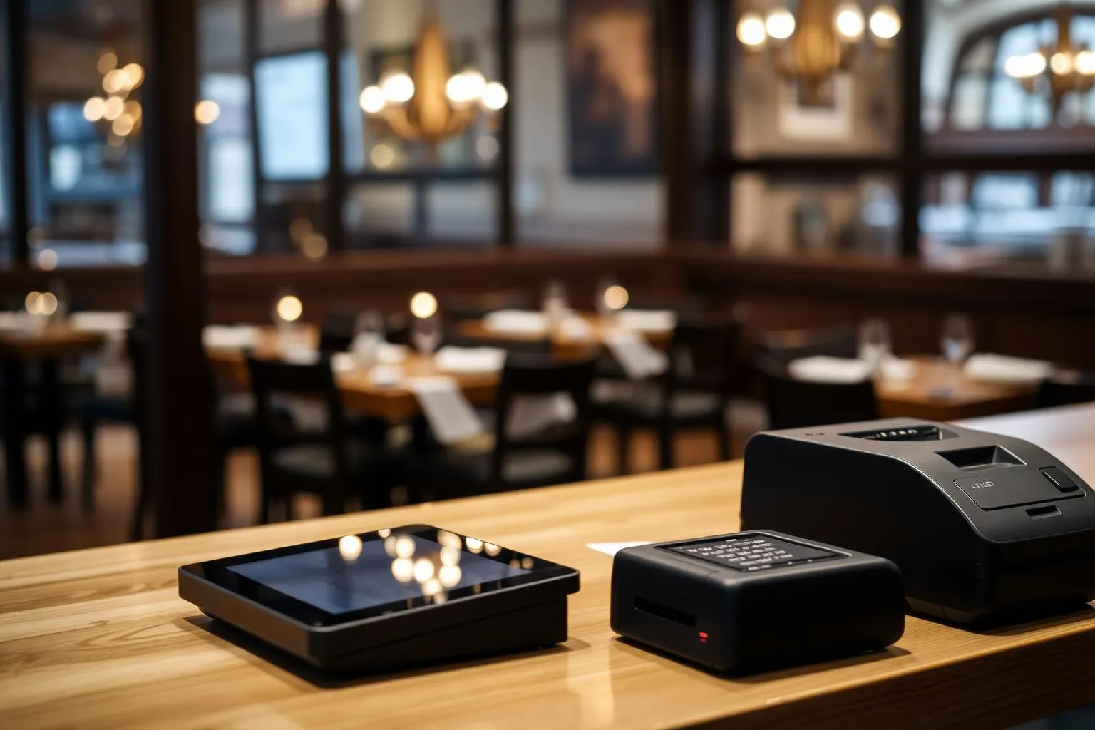 Tablet POS, terminal de pagamento e impressora num restaurante em Portugal