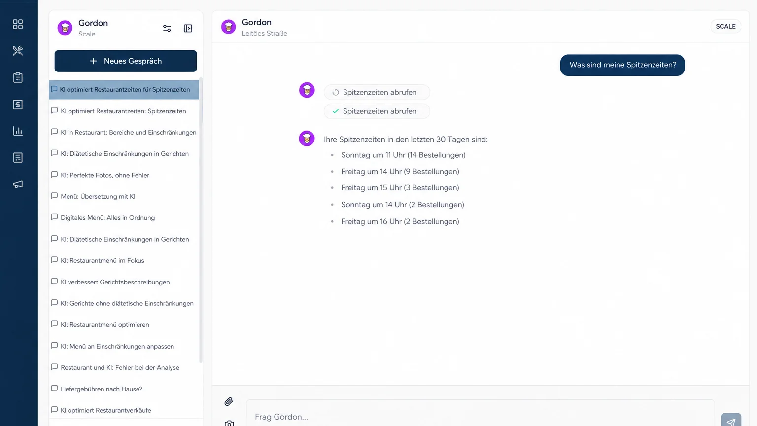 Gordon, der KI-Berater von Bitte, im Restaurant-Dashboard