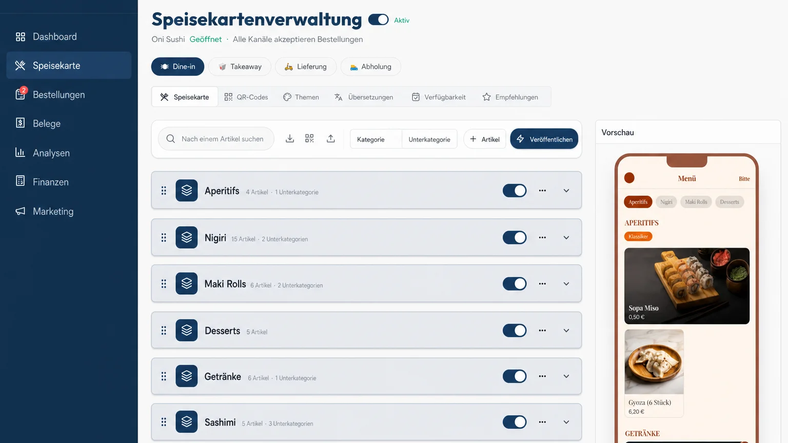 Bitte Speisekarten-Editor mit Live-Vorschau