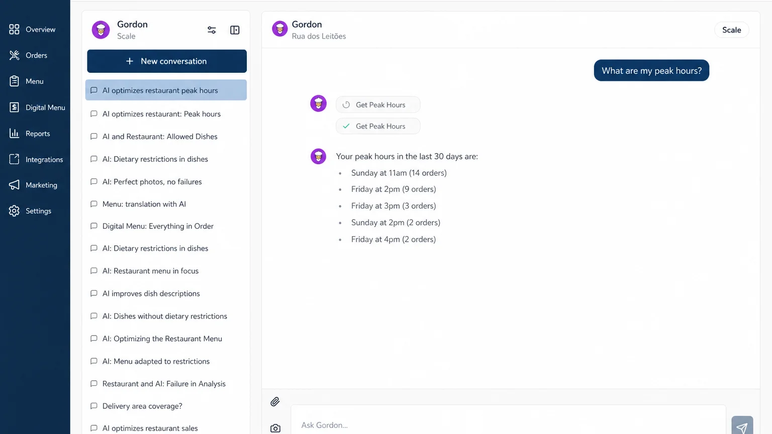 Gordon, Bitte's AI advisor, inside the restaurant dashboard