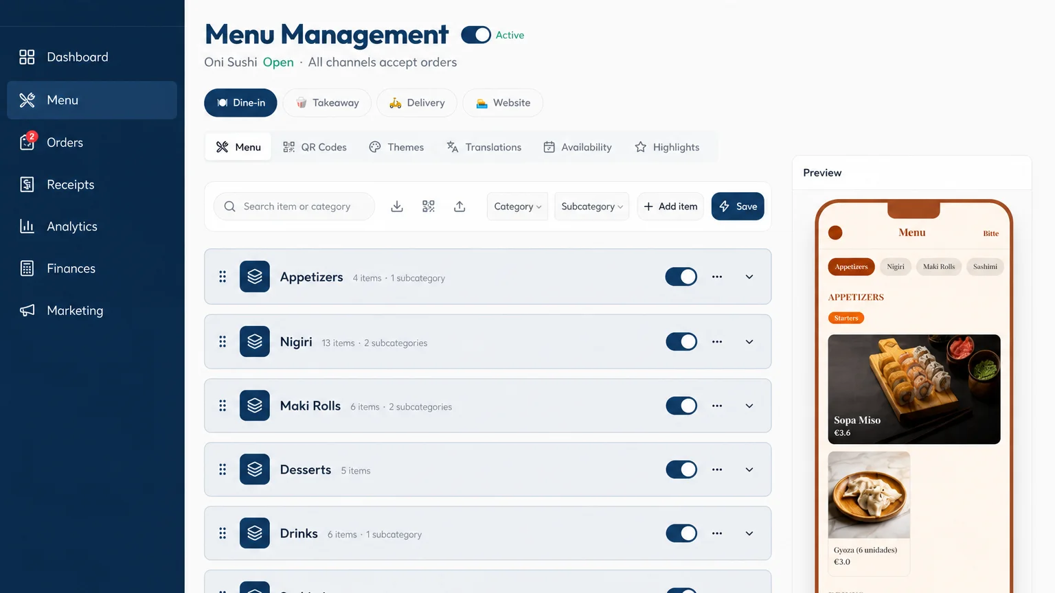 Bitte menu editor with live preview