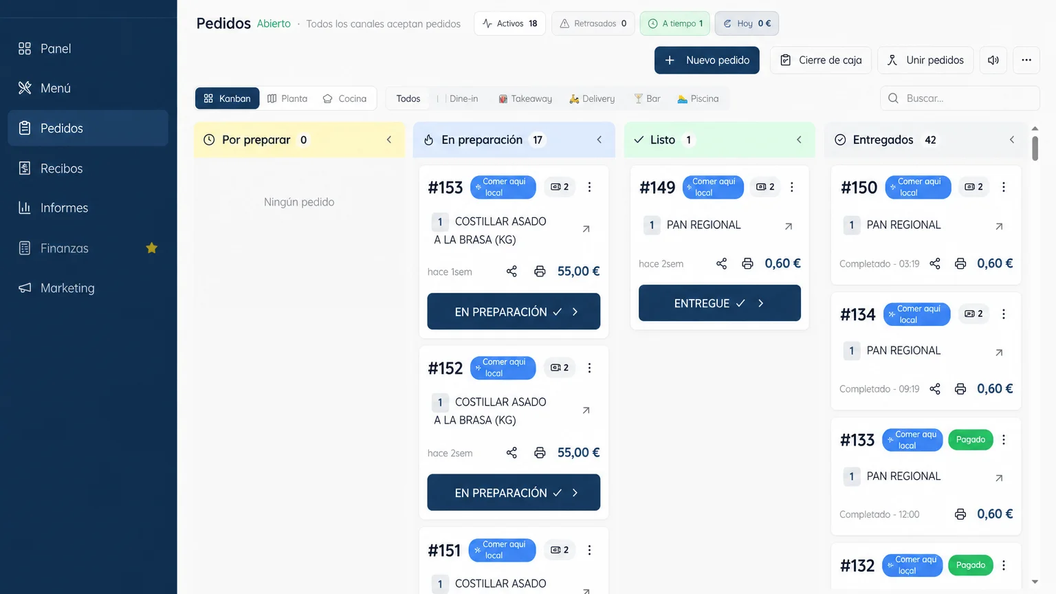 Panel de pedidos y pagos de Bitte