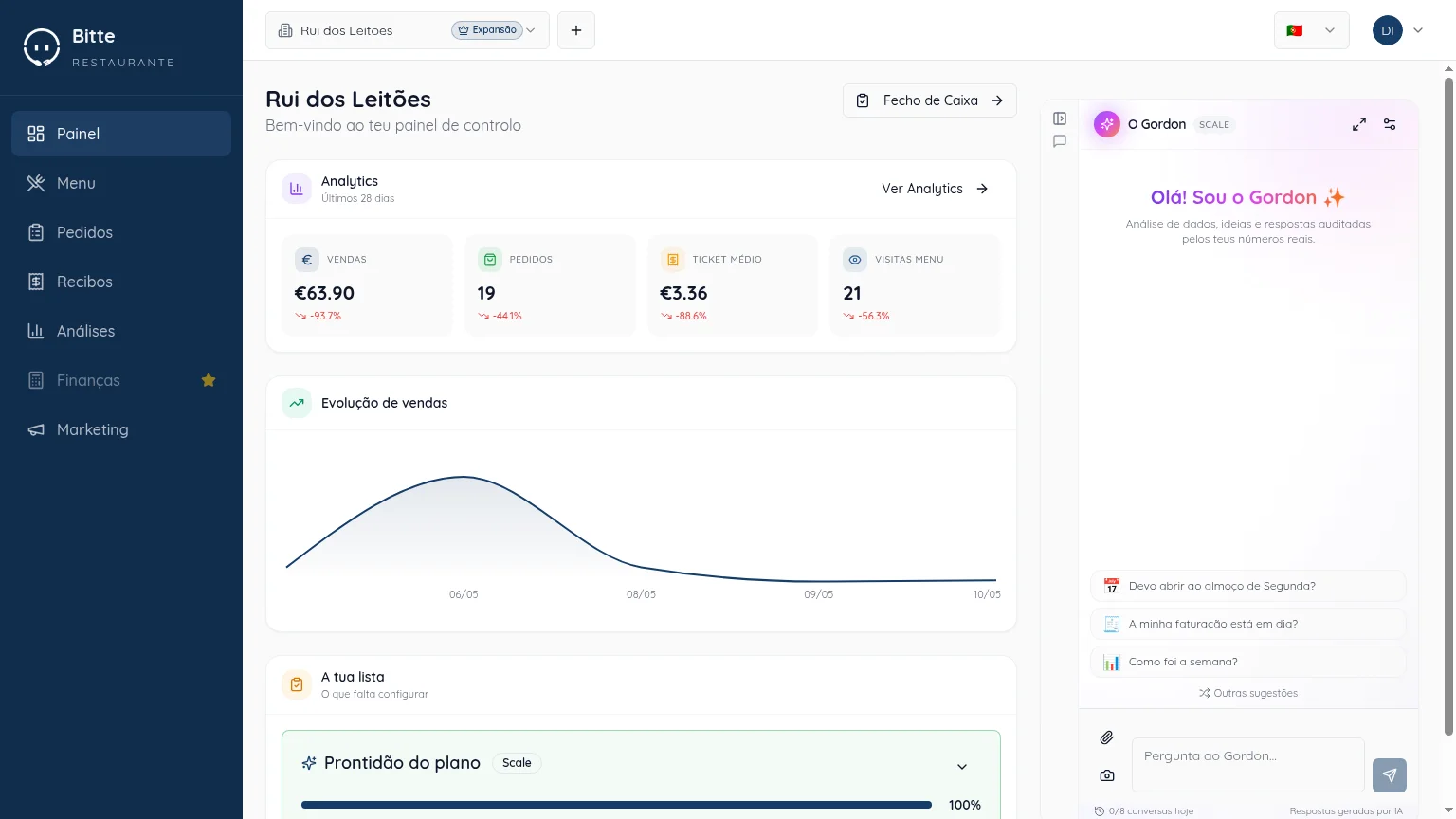 Dashboard de software para restaurante Bitte com menu, pedidos e pagamentos